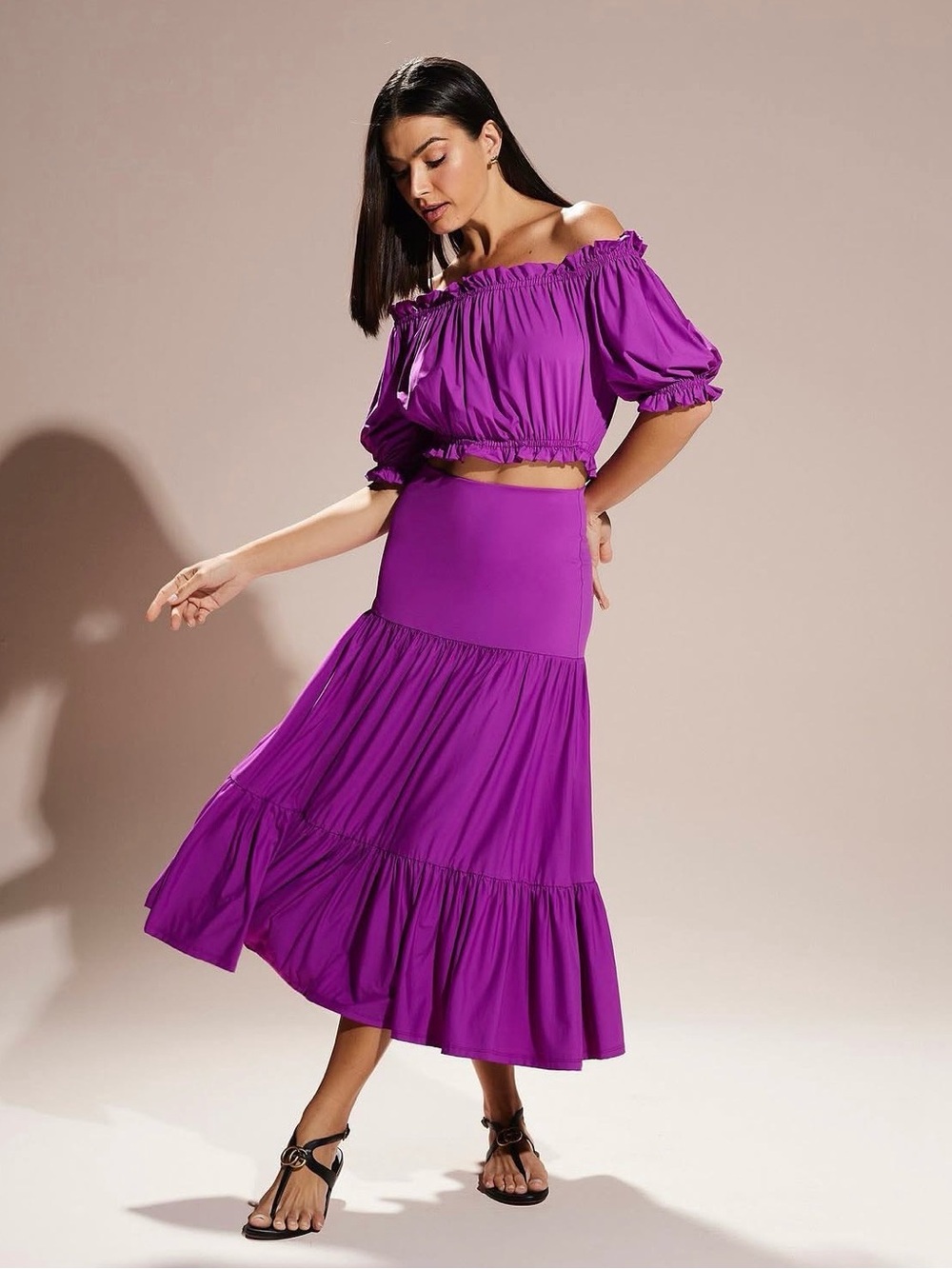 Off-Shoulder Tiered Maxi Skirt in Purple